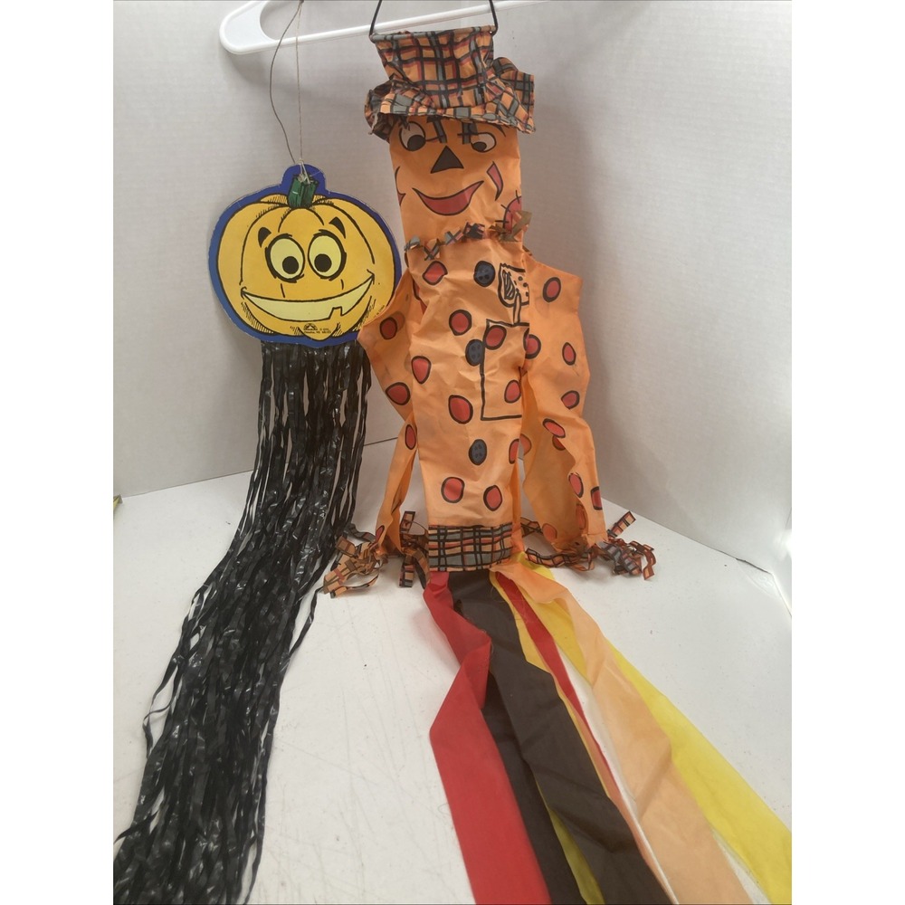 Vtg Pair Of‎ Outdoor Halloween Decoration Hanging Wind Sock Pumpkin Scarecrow